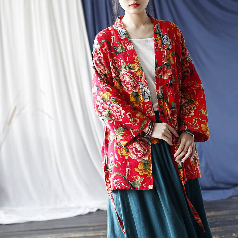 Buddha Stones Ethnic Style Northeast Red Flower Peony Print Cotton Linen Lace Up Jacket