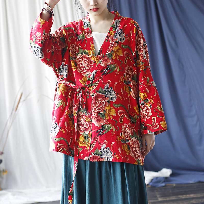 Buddha Stones Ethnic Style Northeast Red Flower Peony Print Cotton Linen Lace Up Jacket