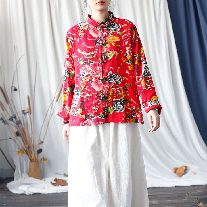 Buddha Stones Ethnic Red Flower Peony Frog-Button Cotton Linen Long Sleeve Shirt Jacket With Pockets