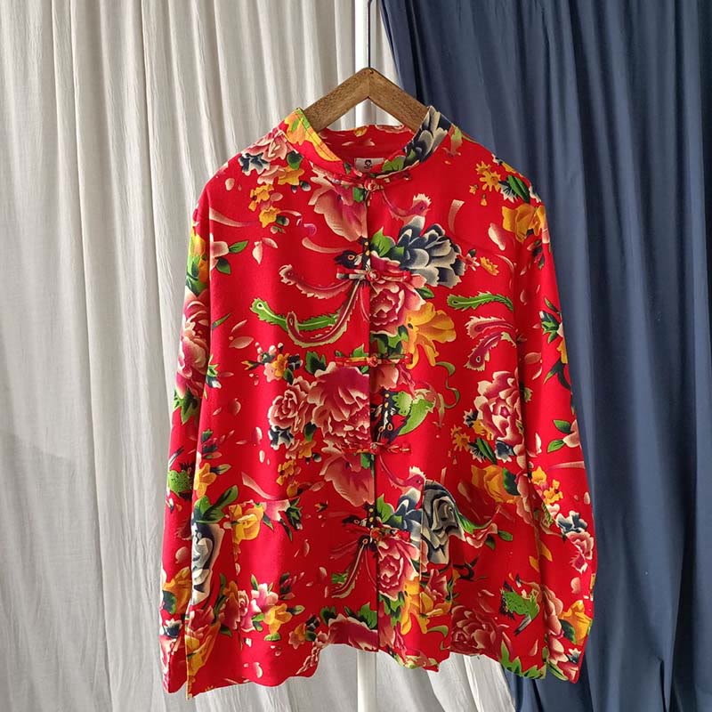 Buddha Stones Ethnic Red Flower Peony Frog-Button Cotton Linen Long Sleeve Shirt Jacket With Pockets