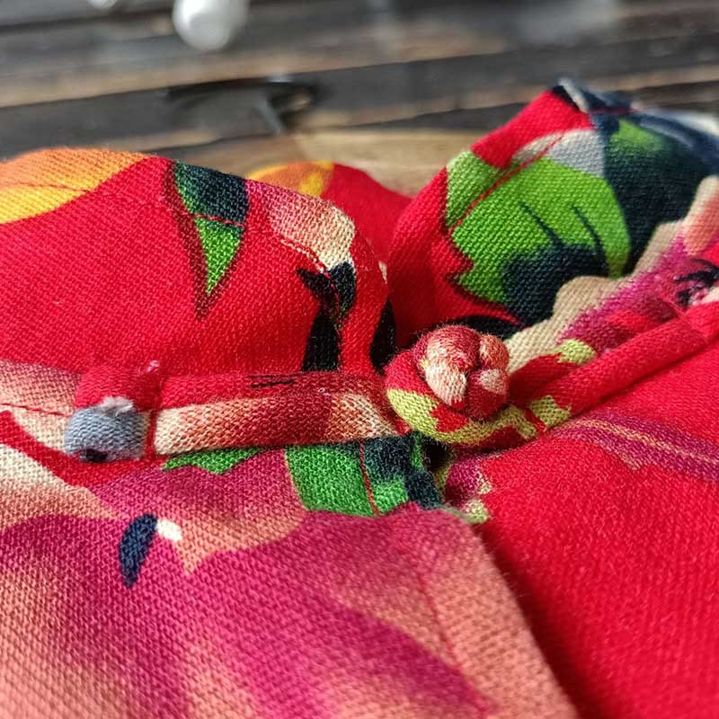 Buddha Stones Ethnic Red Flower Peony Frog-Button Cotton Linen Long Sleeve Shirt Jacket With Pockets - image 9