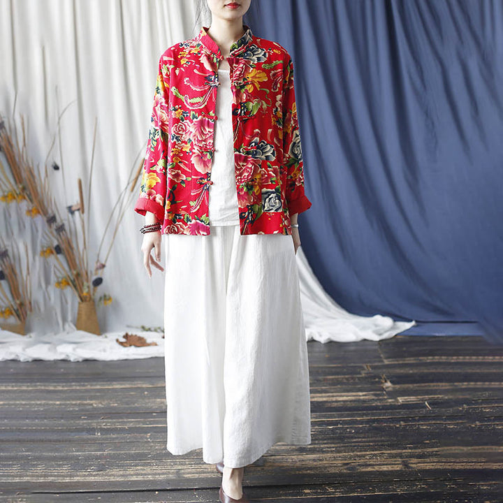 Buddha Stones Ethnic Red Flower Peony Frog-Button Cotton Linen Long Sleeve Shirt Jacket With Pockets