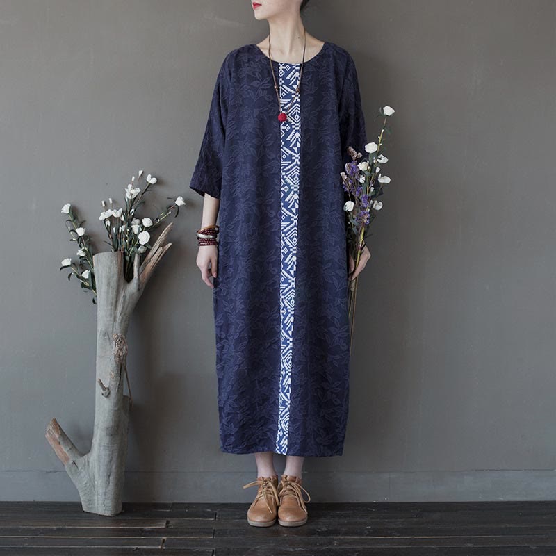 Buddha Stones Blue Flowers Embroidery Jacquard Midi Dress Three Quarter Sleeve Cotton Dress With Pockets - image 14