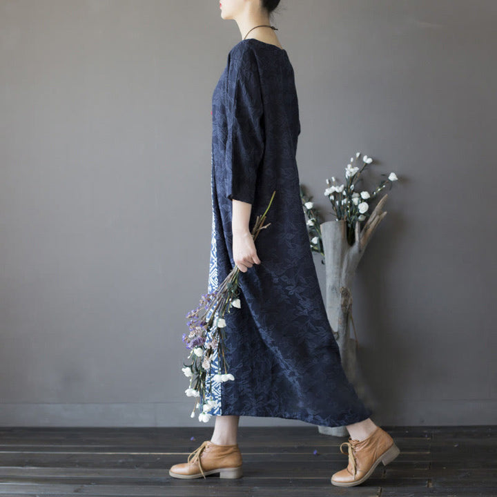 Buddha Stones Blue Flowers Embroidery Jacquard Midi Dress Three Quarter Sleeve Cotton Dress With Pockets - image 2
