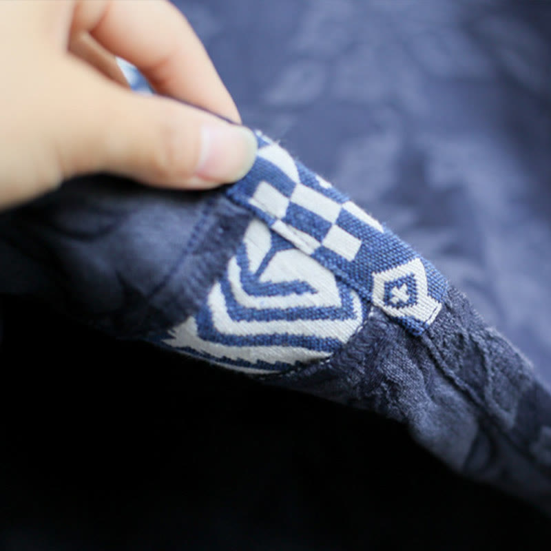 Buddha Stones Blue Flowers Embroidery Jacquard Midi Dress Three Quarter Sleeve Cotton Dress With Pockets - image 9