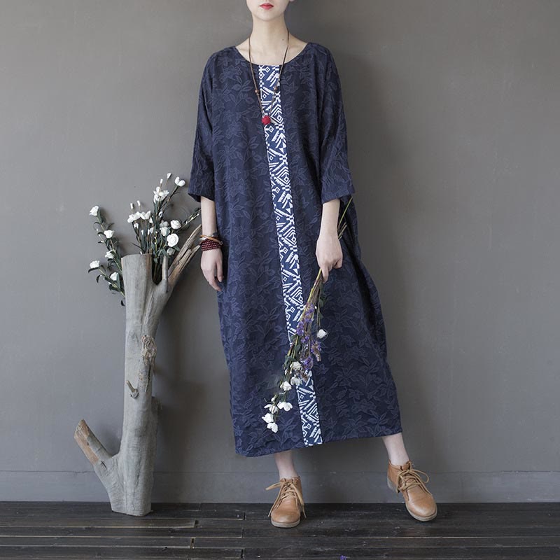 Buddha Stones Blue Flowers Embroidery Jacquard Midi Dress Three Quarter Sleeve Cotton Dress With Pockets - image 1