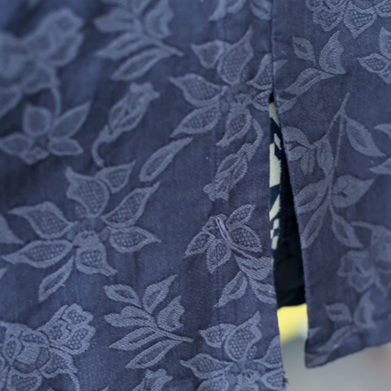 Buddha Stones Blue Flowers Embroidery Jacquard Midi Dress Three Quarter Sleeve Cotton Dress With Pockets - image 7