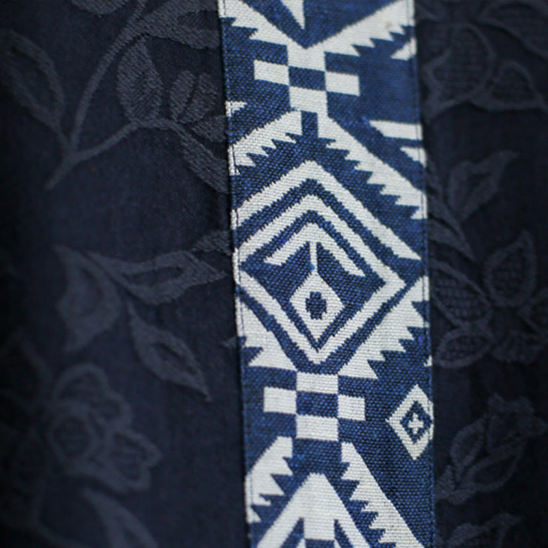 Buddha Stones Blue Flowers Embroidery Jacquard Midi Dress Three Quarter Sleeve Cotton Dress With Pockets - image 11
