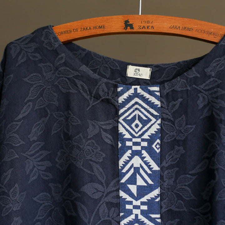 Buddha Stones Blue Flowers Embroidery Jacquard Midi Dress Three Quarter Sleeve Cotton Dress With Pockets - image 6