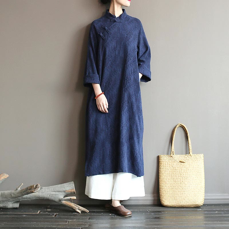 Buddha Stones Flower Jacquard Midi Dress Long Sleeve Cotton Linen Dress Wide Leg Pants With Pockets