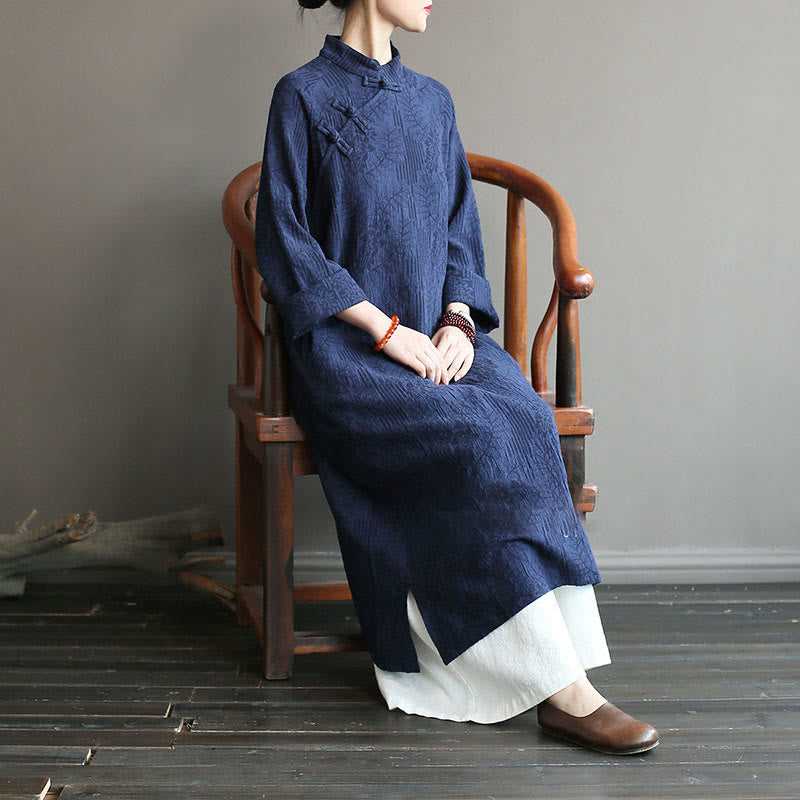Buddha Stones Flower Jacquard Midi Dress Long Sleeve Cotton Linen Dress Wide Leg Pants With Pockets - image 6