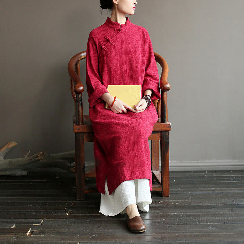 Buddha Stones Flower Jacquard Midi Dress Long Sleeve Cotton Linen Dress Wide Leg Pants With Pockets - image 25