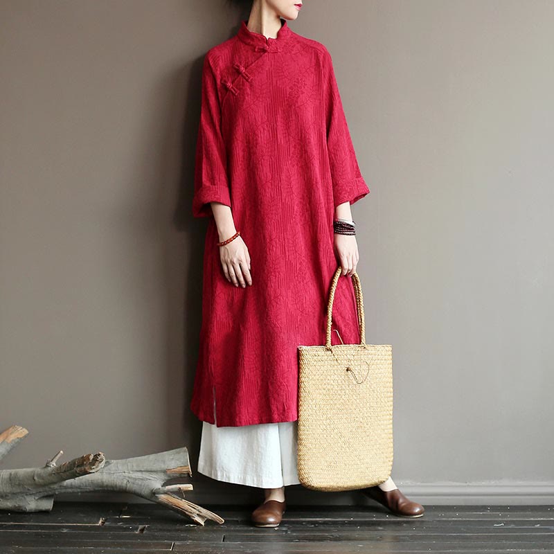 Buddha Stones Flower Jacquard Midi Dress Long Sleeve Cotton Linen Dress Wide Leg Pants With Pockets