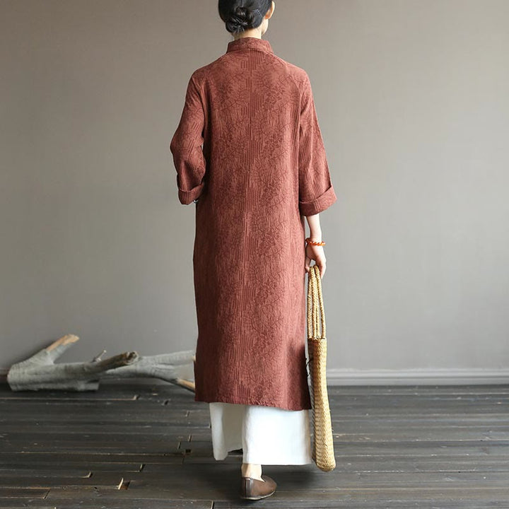Buddha Stones Flower Jacquard Midi Dress Long Sleeve Cotton Linen Dress Wide Leg Pants With Pockets - image 36
