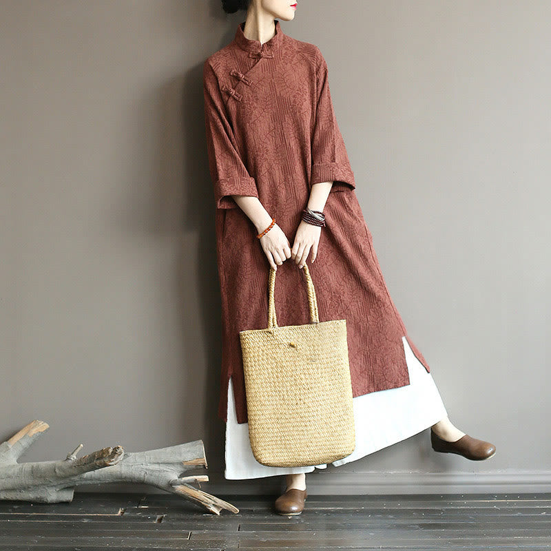 Buddha Stones Flower Jacquard Midi Dress Long Sleeve Cotton Linen Dress Wide Leg Pants With Pockets - image 38