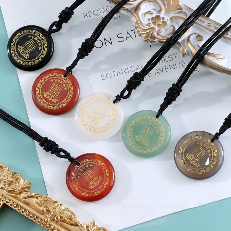 Buddha Stones Swastika Lotus Pattern Natural Various Crystal Black Obsidian Purification Necklace Pendant