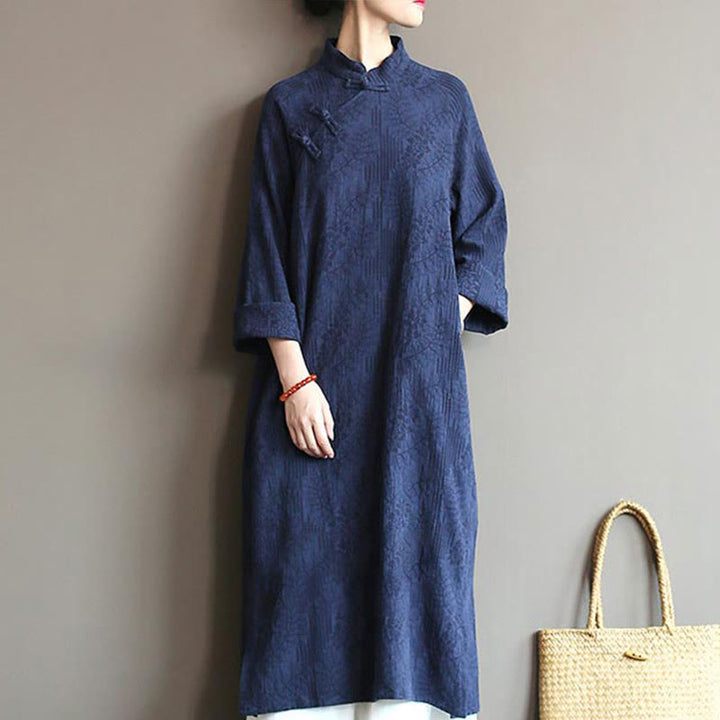 Buddha Stones Flower Jacquard Midi Dress Long Sleeve Cotton Linen Dress Wide Leg Pants With Pockets