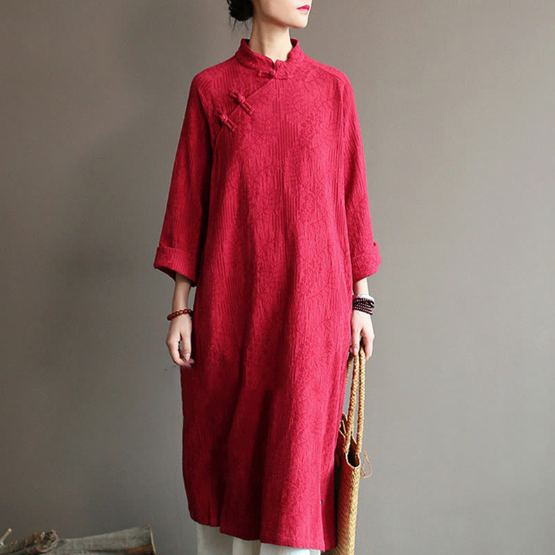 Buddha Stones Flower Jacquard Midi Dress Long Sleeve Cotton Linen Dress Wide Leg Pants With Pockets