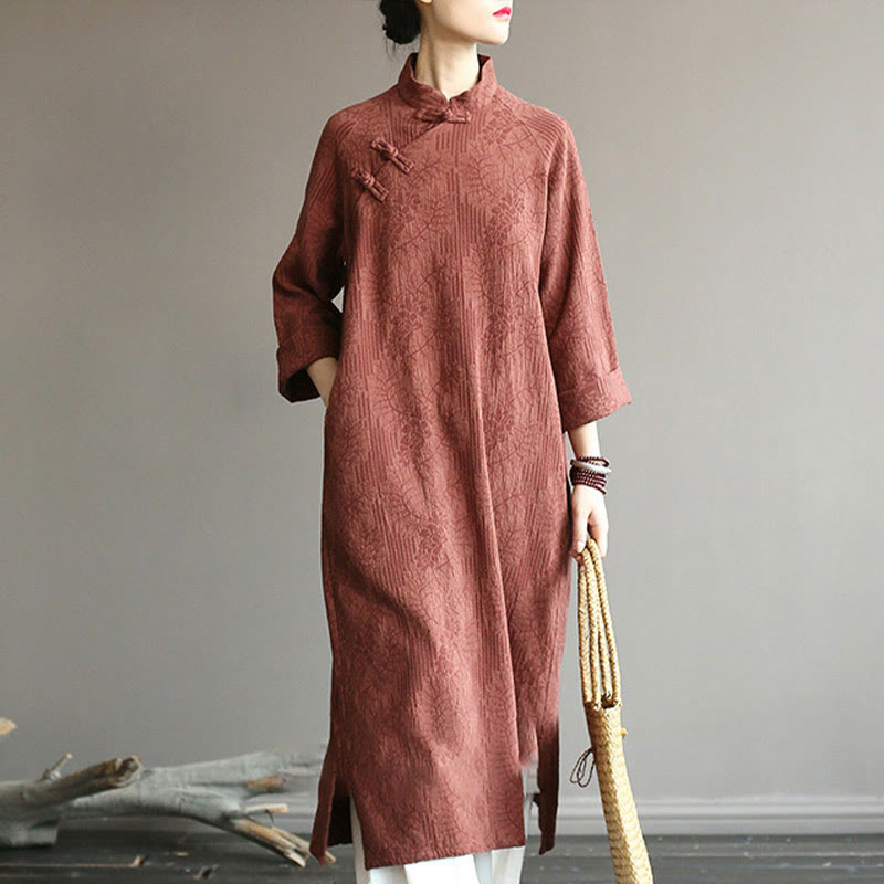 Buddha Stones Flower Jacquard Midi Dress Long Sleeve Cotton Linen Dress Wide Leg Pants With Pockets