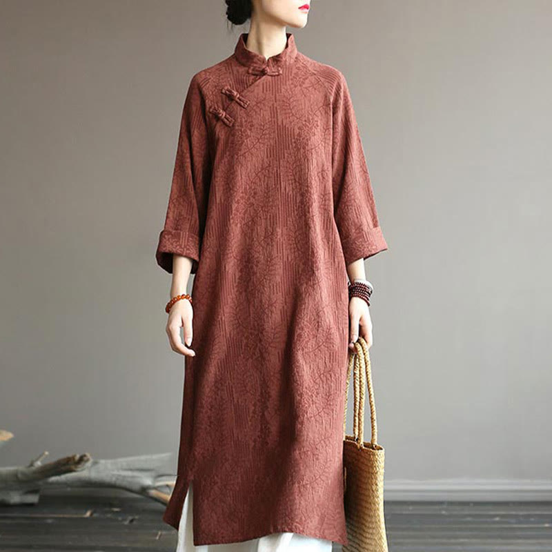 Buddha Stones Flower Jacquard Midi Dress Long Sleeve Cotton Linen Dress Wide Leg Pants With Pockets