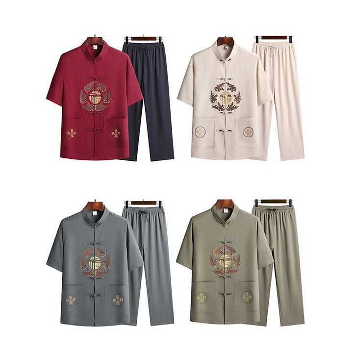 Buddha Stones Fu Character Tang Suit Hanfu Traditional Uniform Short Sleeve Top Pants Clothing Men's Set - image 1
