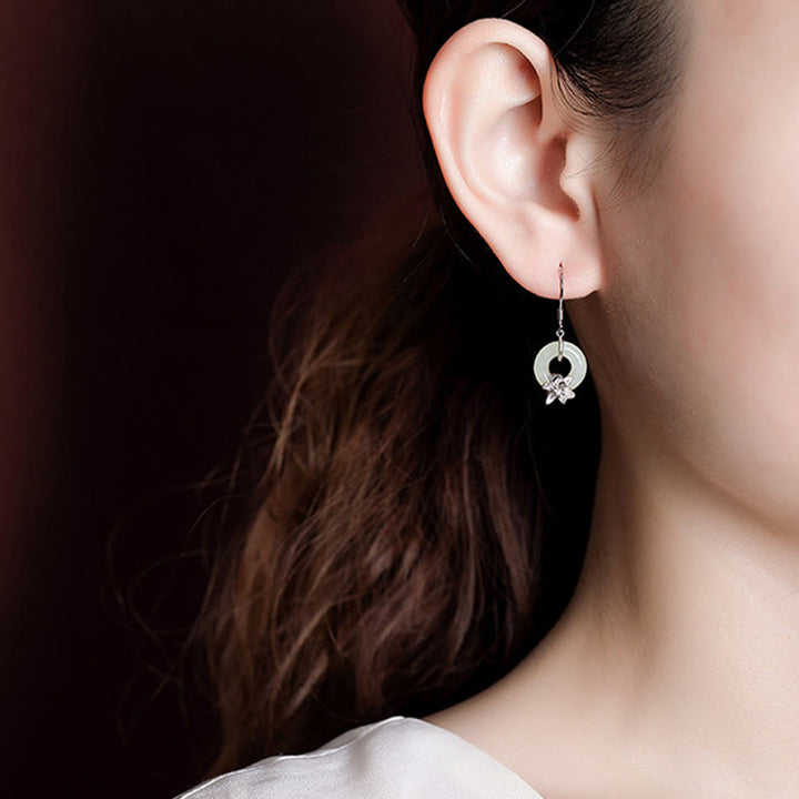 Buddha Stones 925 Sterling Silver Hetian Jade Peace Buckle Orchid Prosperity Earrings - image 6