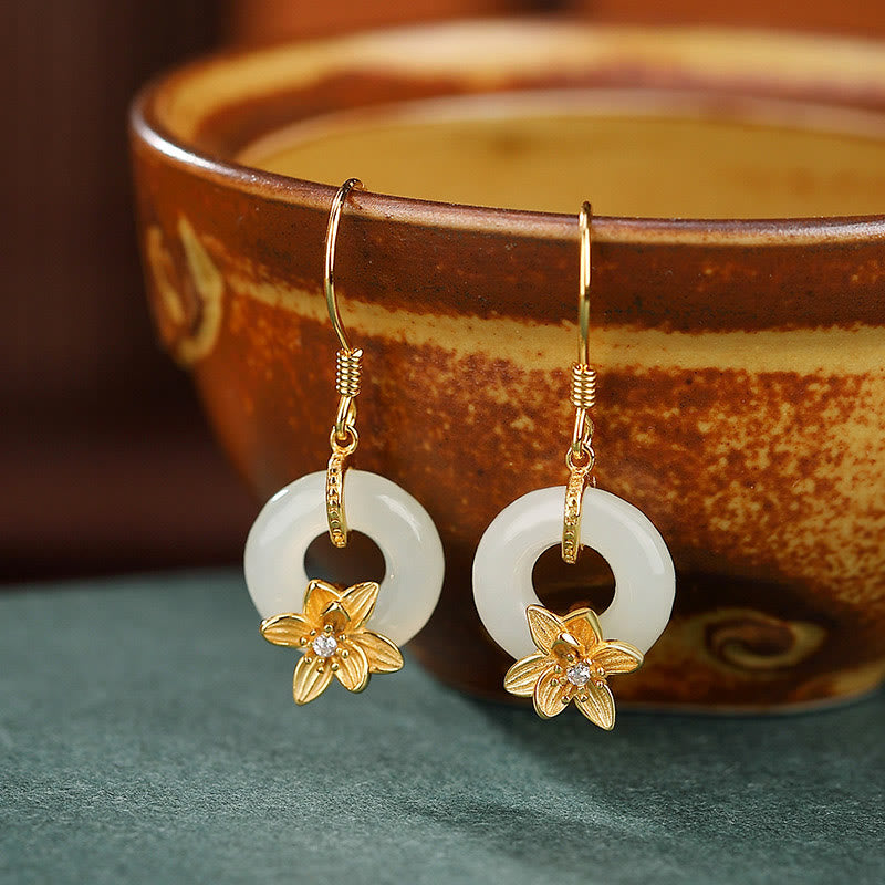 Buddha Stones 925 Sterling Silver Hetian Jade Peace Buckle Orchid Prosperity Earrings - Peace Buckle Gold Orchid (925 Sterling Silver Posts) - image 0