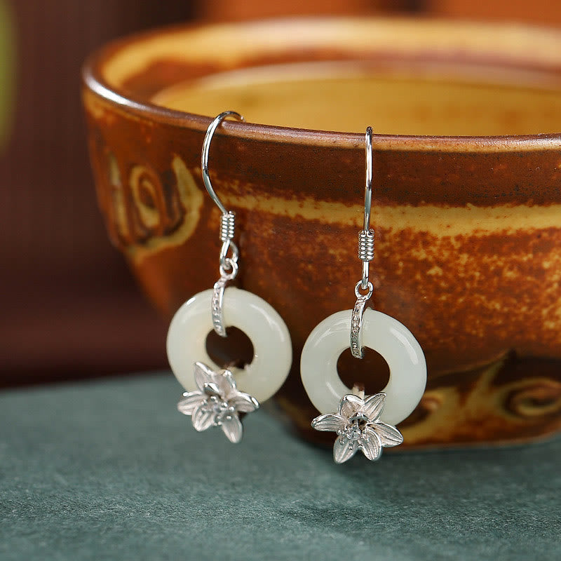 Buddha Stones 925 Sterling Silver Hetian Jade Peace Buckle Orchid Prosperity Earrings - Peace Buckle Silver Orchid (925 Sterling Silver Posts) - image 4