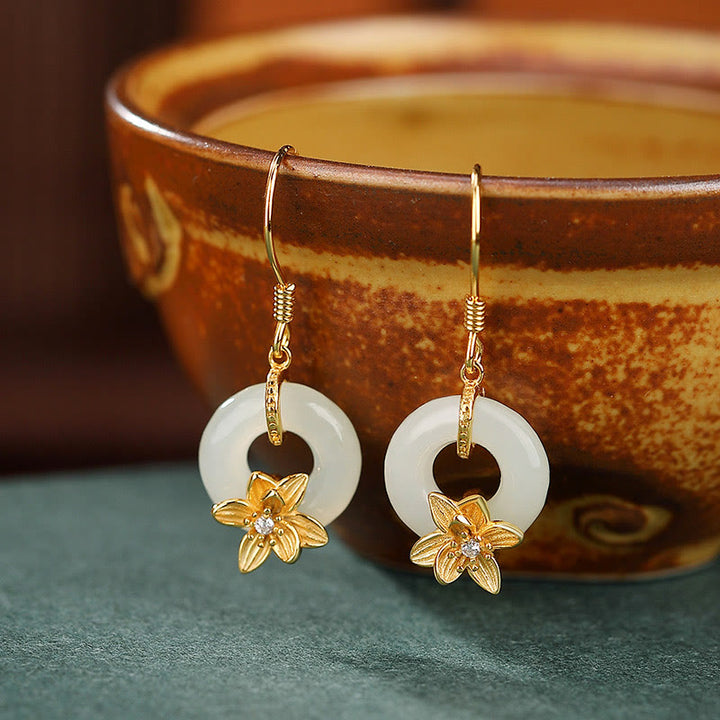 Buddha Stones 925 Sterling Silver Hetian Jade Peace Buckle Orchid Prosperity Earrings - Peace Buckle Gold Orchid (925 Sterling Silver Posts) - image 0