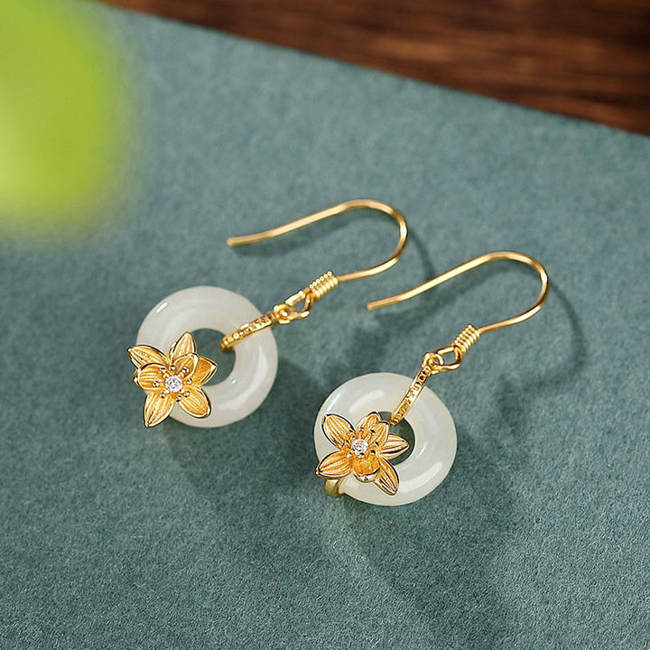 Buddha Stones 925 Sterling Silver Hetian Jade Peace Buckle Orchid Prosperity Earrings - image 2