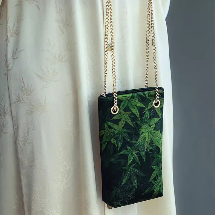 Buddha Stones Small Maple Leaf Persimmon Metal Chain Crossbody Bag Shoulder Bag Cellphone Bag