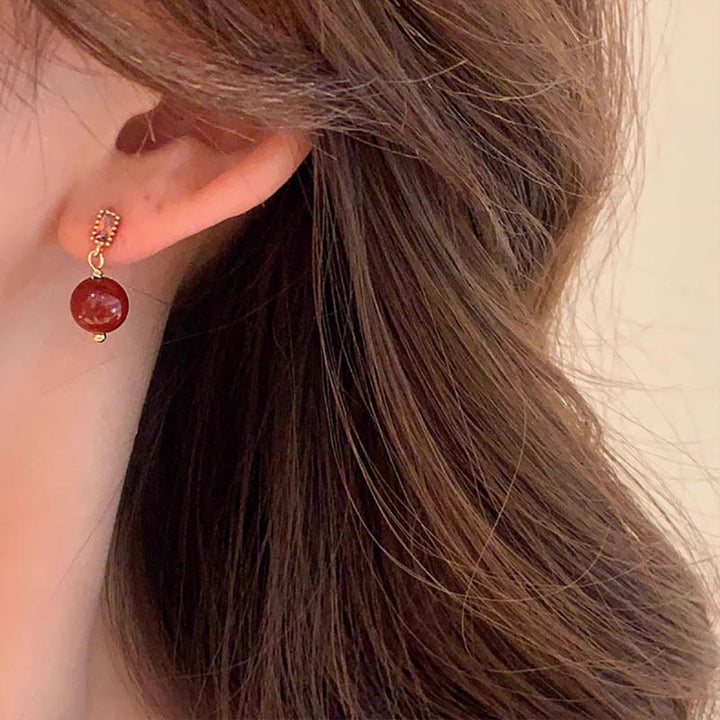 Buddha Stones 925 Sterling Silver Posts 14K Gold Filled Cinnabar Bead Zircon Calm Earrings - image 6