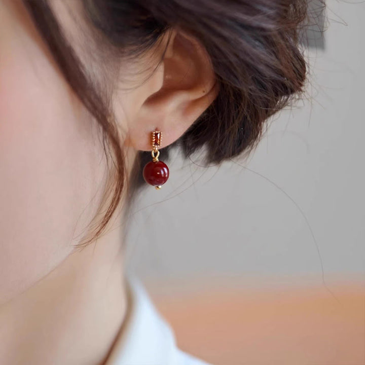 Buddha Stones 925 Sterling Silver Posts 14K Gold Filled Cinnabar Bead Zircon Calm Earrings