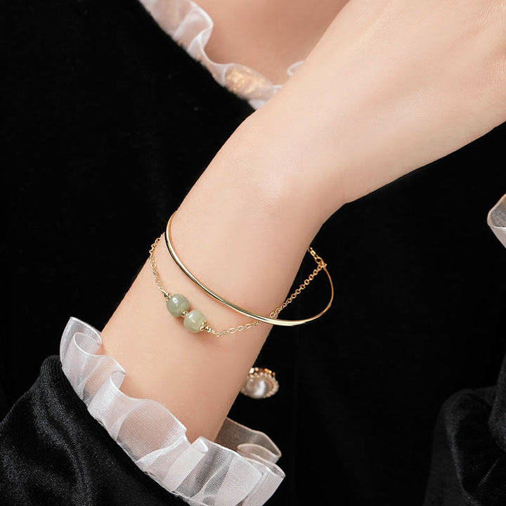 Buddha Stones Copper Plated Gold Hetian Jade Bead Luck Double Layer Bracelet Bangle