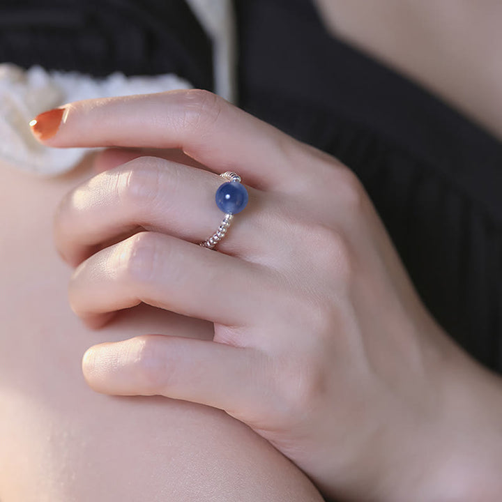 Buddha Stones 925 Sterling Silver Blue Candy Agate Healing Bead Ring