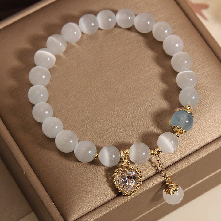 Buddha Stones Cat's Eye Crystal Heart Zircon Charm Peace Love Bracelet