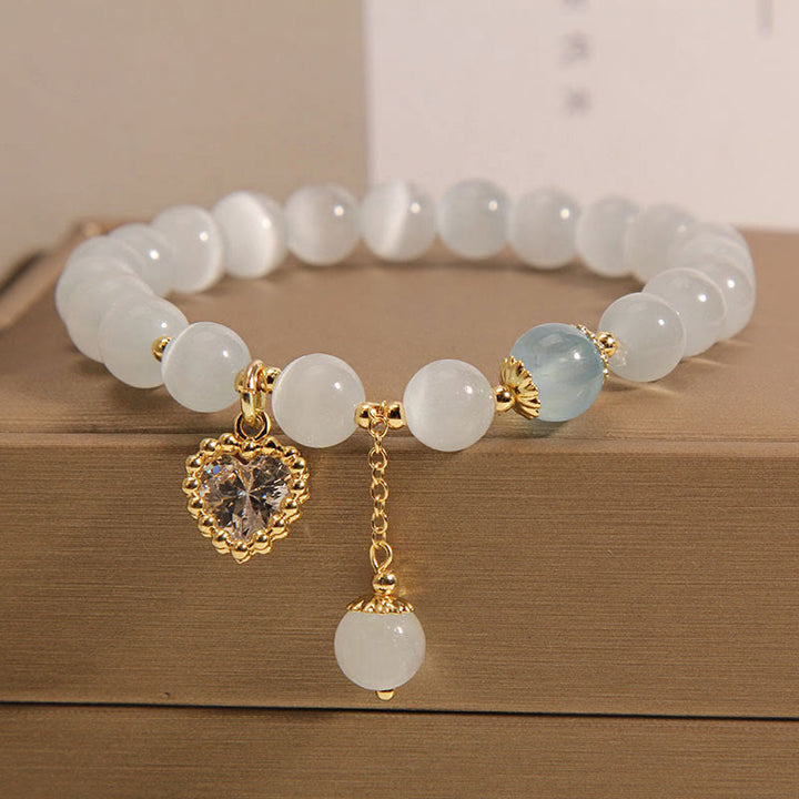 Buddha Stones Cat's Eye Crystal Heart Zircon Charm Peace Love Bracelet