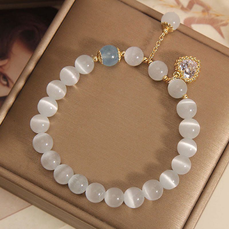 Buddha Stones Cat's Eye Crystal Heart Zircon Charm Peace Love Bracelet