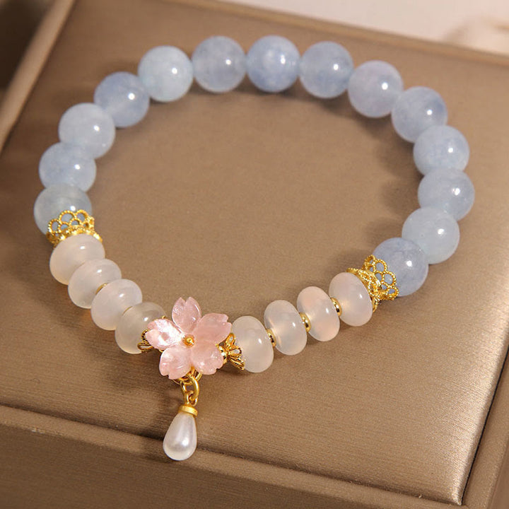 Buddha Stones Aquamarine White Agate Pearl Abacus Beads Flower Healing Bracelet