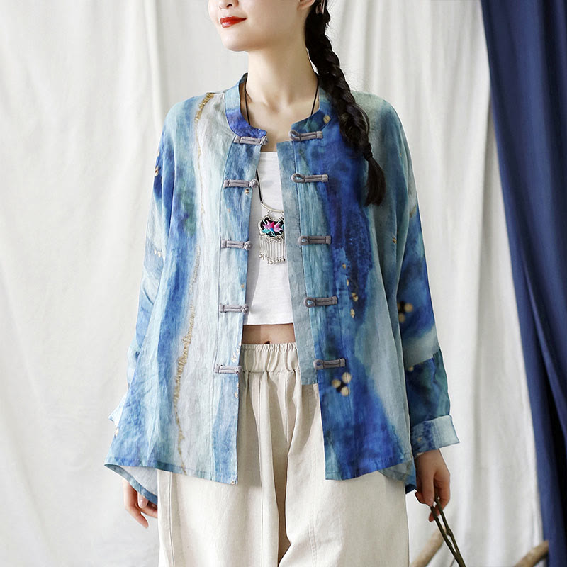 Buddha Stones Blue White Beige Small Flower Frog-button Design Long Sleeve Ramie Linen Jacket Shirt