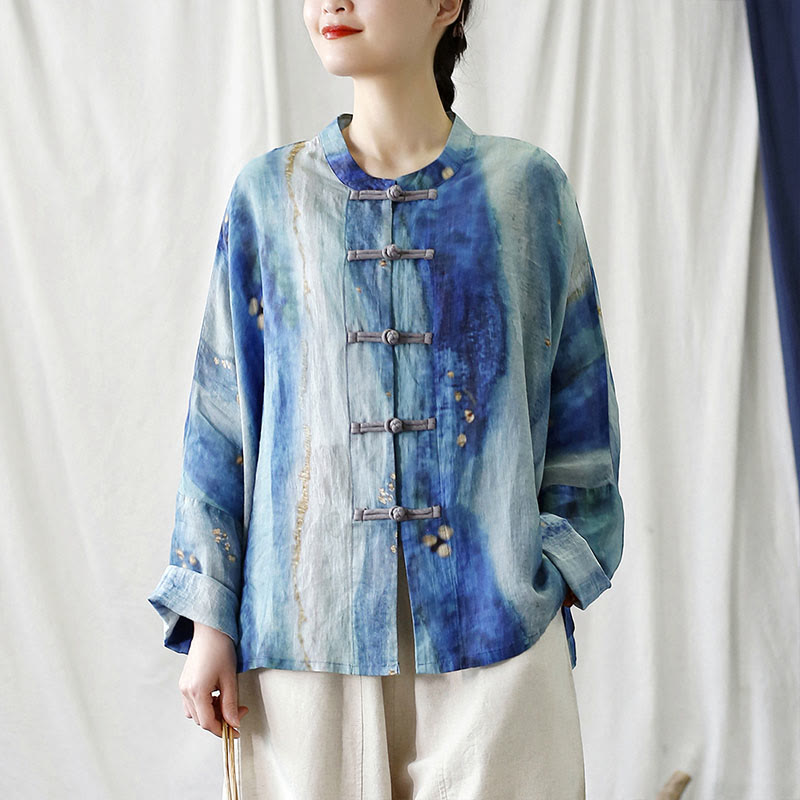 Buddha Stones Blue White Beige Small Flower Frog-button Design Long Sleeve Ramie Linen Jacket Shirt