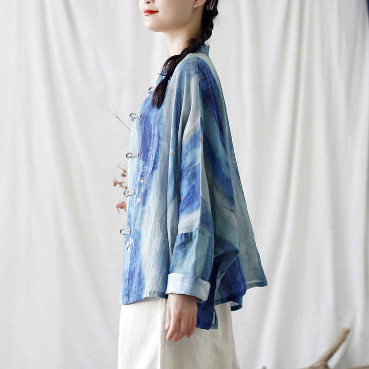 Buddha Stones Blue White Beige Small Flower Frog-button Design Long Sleeve Ramie Linen Jacket Shirt