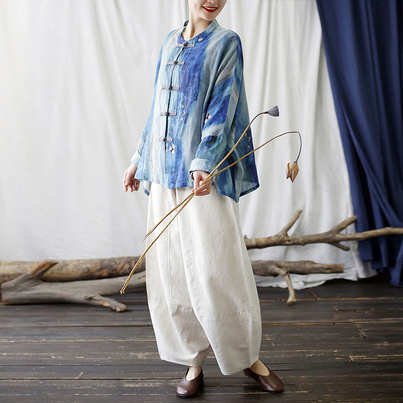 Buddha Stones Blue White Beige Small Flower Frog-button Design Long Sleeve Ramie Linen Jacket Shirt