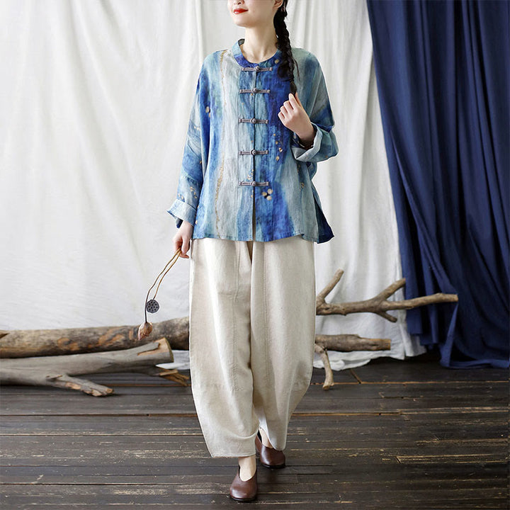 Buddha Stones Blue White Beige Small Flower Frog-button Design Long Sleeve Ramie Linen Jacket Shirt