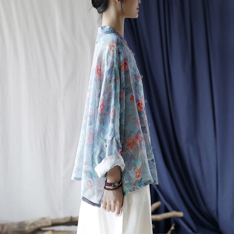 Buddha Stones Pink Flowers Green Leaves Print Frog-button Design Long Sleeve Ramie Linen Jacket Shirt