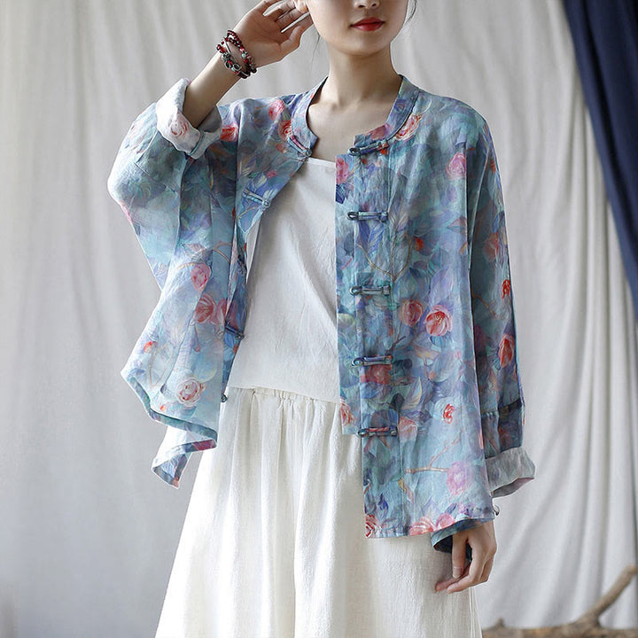 Buddha Stones Pink Flowers Green Leaves Print Frog-button Design Long Sleeve Ramie Linen Jacket Shirt