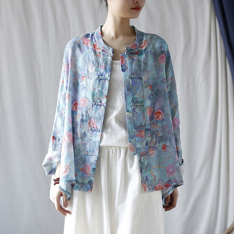 Buddha Stones Pink Flowers Green Leaves Print Frog-button Design Long Sleeve Ramie Linen Jacket Shirt