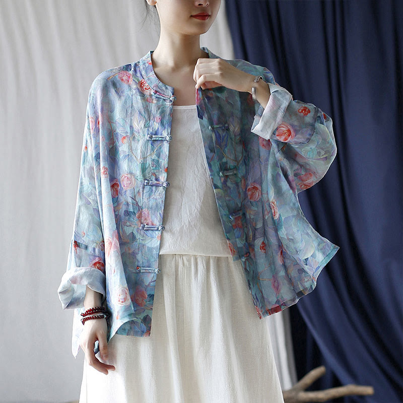 Buddha Stones Pink Flowers Green Leaves Print Frog-button Design Long Sleeve Ramie Linen Jacket Shirt