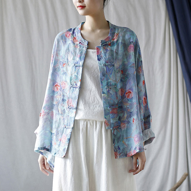 Buddha Stones Pink Flowers Green Leaves Print Frog-button Design Long Sleeve Ramie Linen Jacket Shirt - image 5
