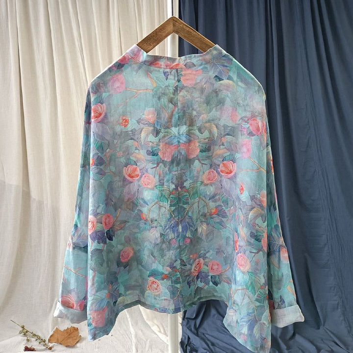Buddha Stones Pink Flowers Green Leaves Print Frog-button Design Long Sleeve Ramie Linen Jacket Shirt - image 9